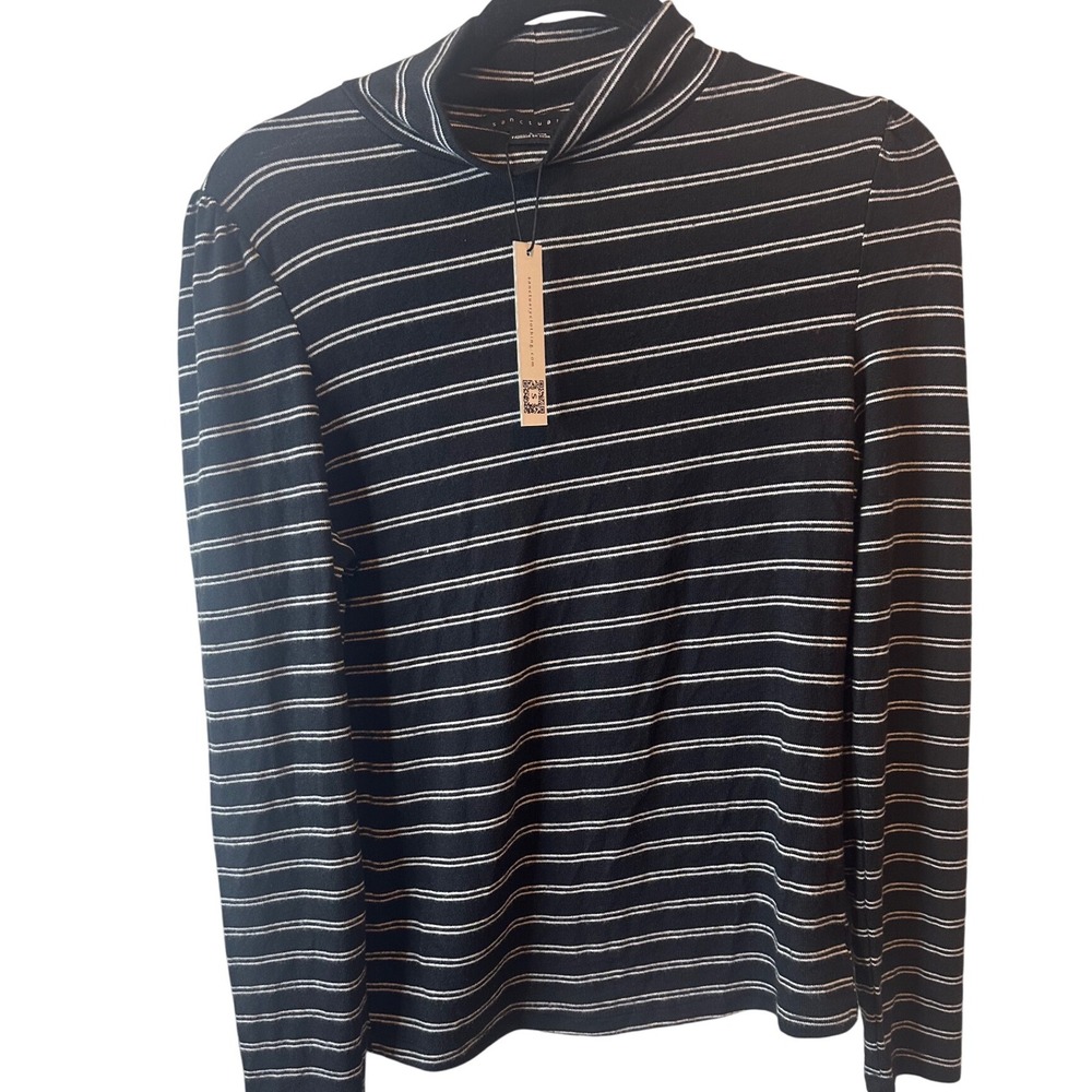 NEW Sanctuary L Mock Neck Stripe Long Sleeve Top Womens Black White‎ Lightweight